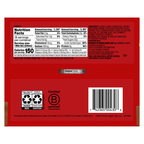 Horizon Organic Shelf-Stable 1% Low Fat Milk Boxes with DHA Omega-3, Chocolate, 18 pk./8 fl. oz.